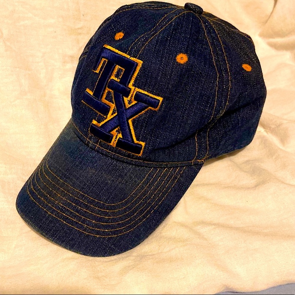 Blue denim Texas baseball cap with orangey gold stitching